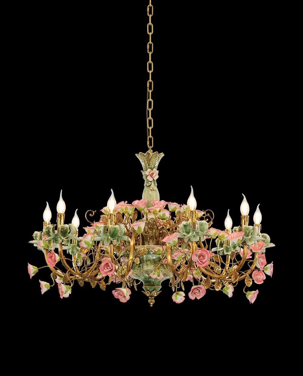 39X28 Inch 10 Lights Brass Chandelier and Green & Pink Porcelain Flower Chandelier