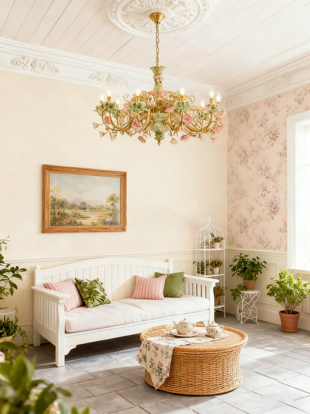 39X28 Inch 10 Lights Brass Chandelier and Green & Pink Porcelain Flower Chandelier