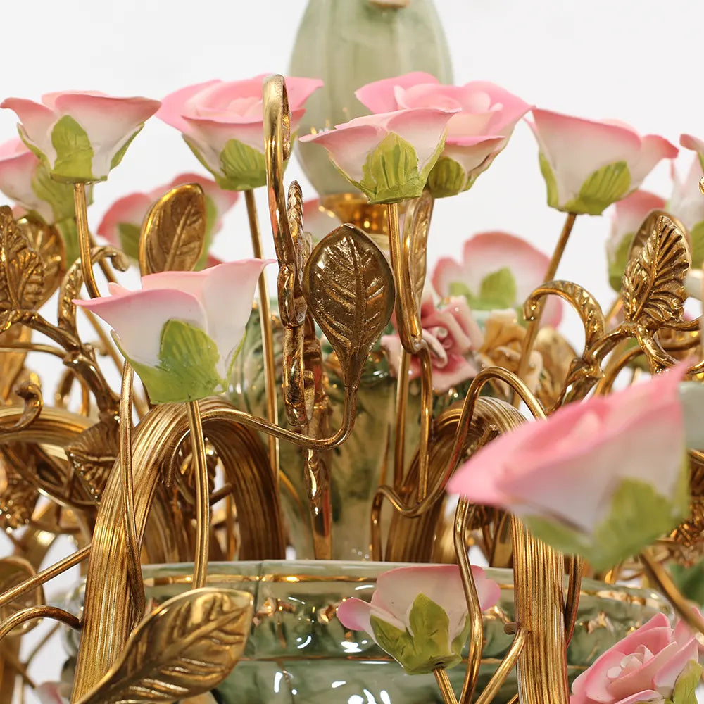 39X28 Inch 10 Lights Brass Chandelier and Green & Pink Porcelain Flower Chandelier