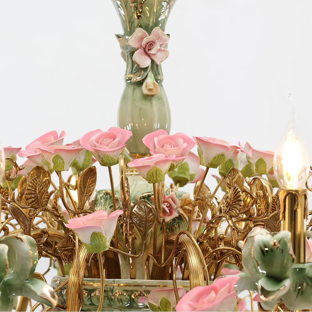 39X28 Inch 10 Lights Brass Chandelier and Green & Pink Porcelain Flower Chandelier