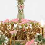 39X28 Inch 10 Lights Brass Chandelier and Green & Pink Porcelain Flower Chandelier