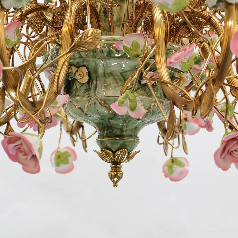 39X28 Inch 10 Lights Brass Chandelier and Green & Pink Porcelain Flower Chandelier