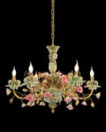 31X24 Inch 6 Lights Brass Chandelier and Green & Pink Porcelain Flower Chandelier