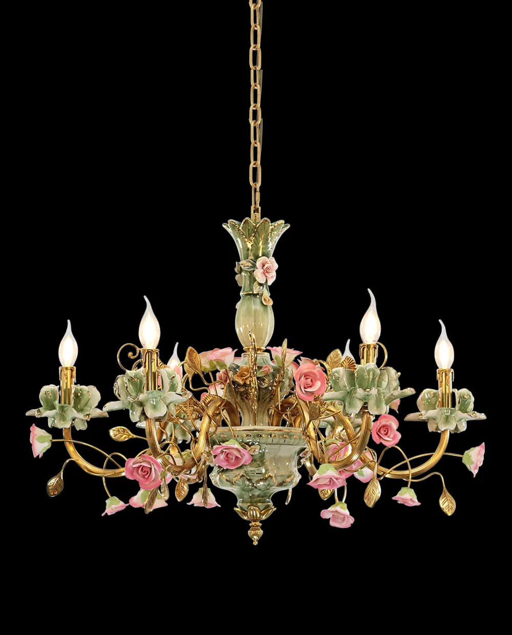 31X24 Inch 6 Lights Brass Chandelier and Green & Pink Porcelain Flower Chandelier