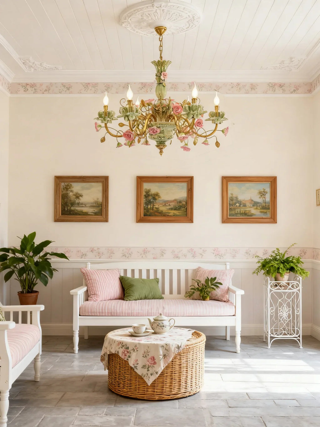 31X24 Inch 6 Lights Brass Chandelier and Green & Pink Porcelain Flower Chandelier
