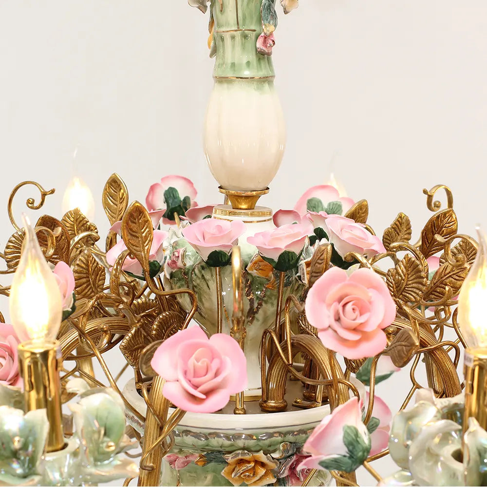 31X24 Inch 6 Lights Brass Chandelier and Green & Pink Porcelain Flower Chandelier