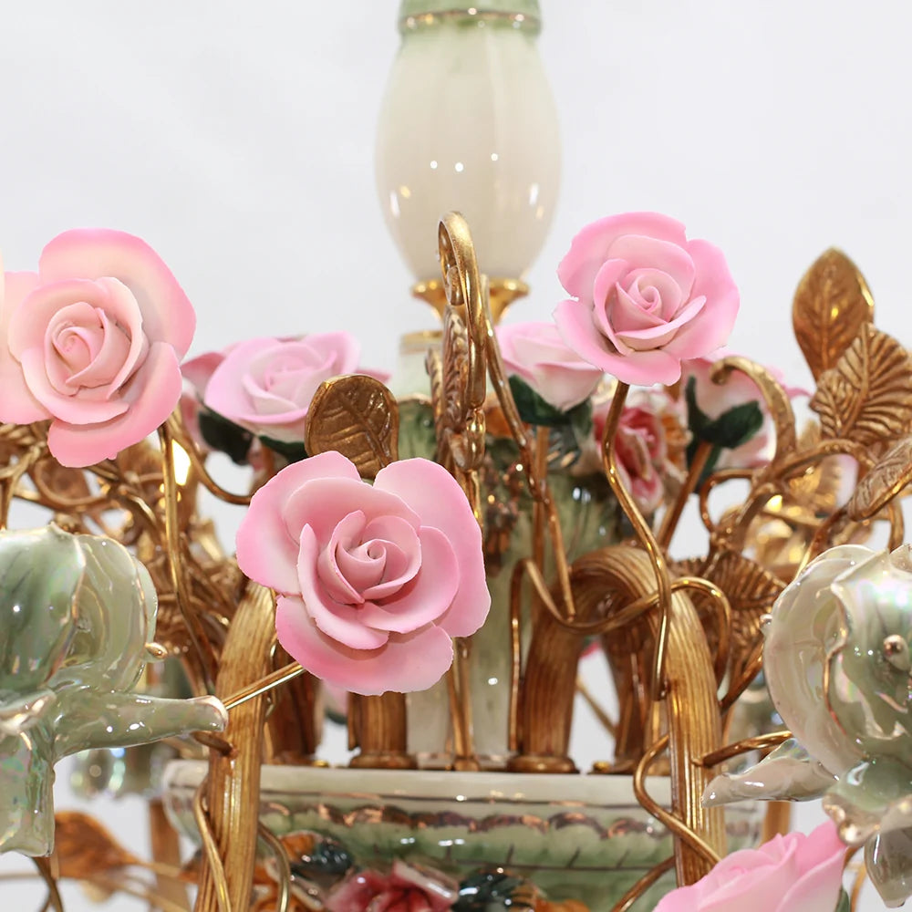 31X24 Inch 6 Lights Brass Chandelier and Green & Pink Porcelain Flower Chandelier