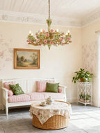 35X24 Inch 8 Lights Brass Chandelier and Green & Pink Porcelain Flower Chandelier