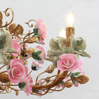 35X24 Inch 8 Lights Brass Chandelier and Green & Pink Porcelain Flower Chandelier