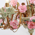 35X24 Inch 8 Lights Brass Chandelier and Green & Pink Porcelain Flower Chandelier