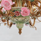35X24 Inch 8 Lights Brass Chandelier and Green & Pink Porcelain Flower Chandelier