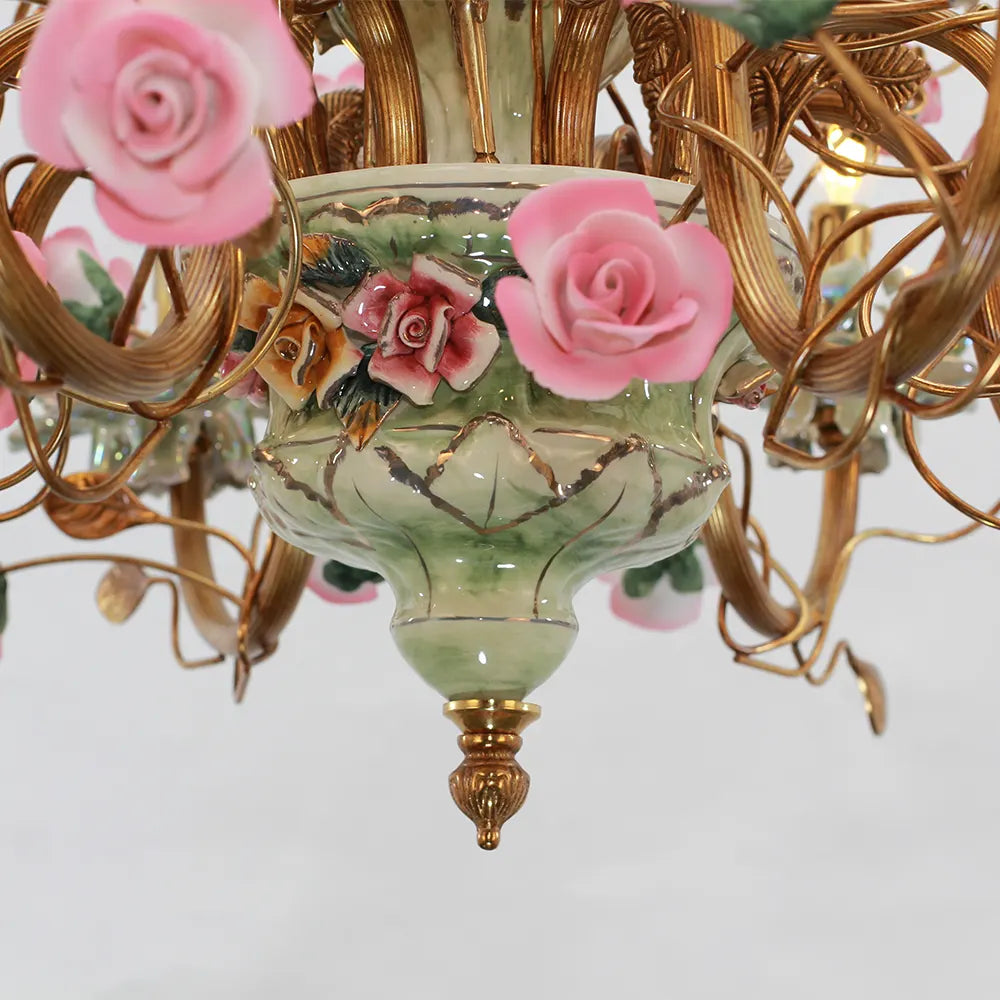 35X24 Inch 8 Lights Brass Chandelier and Green & Pink Porcelain Flower Chandelier
