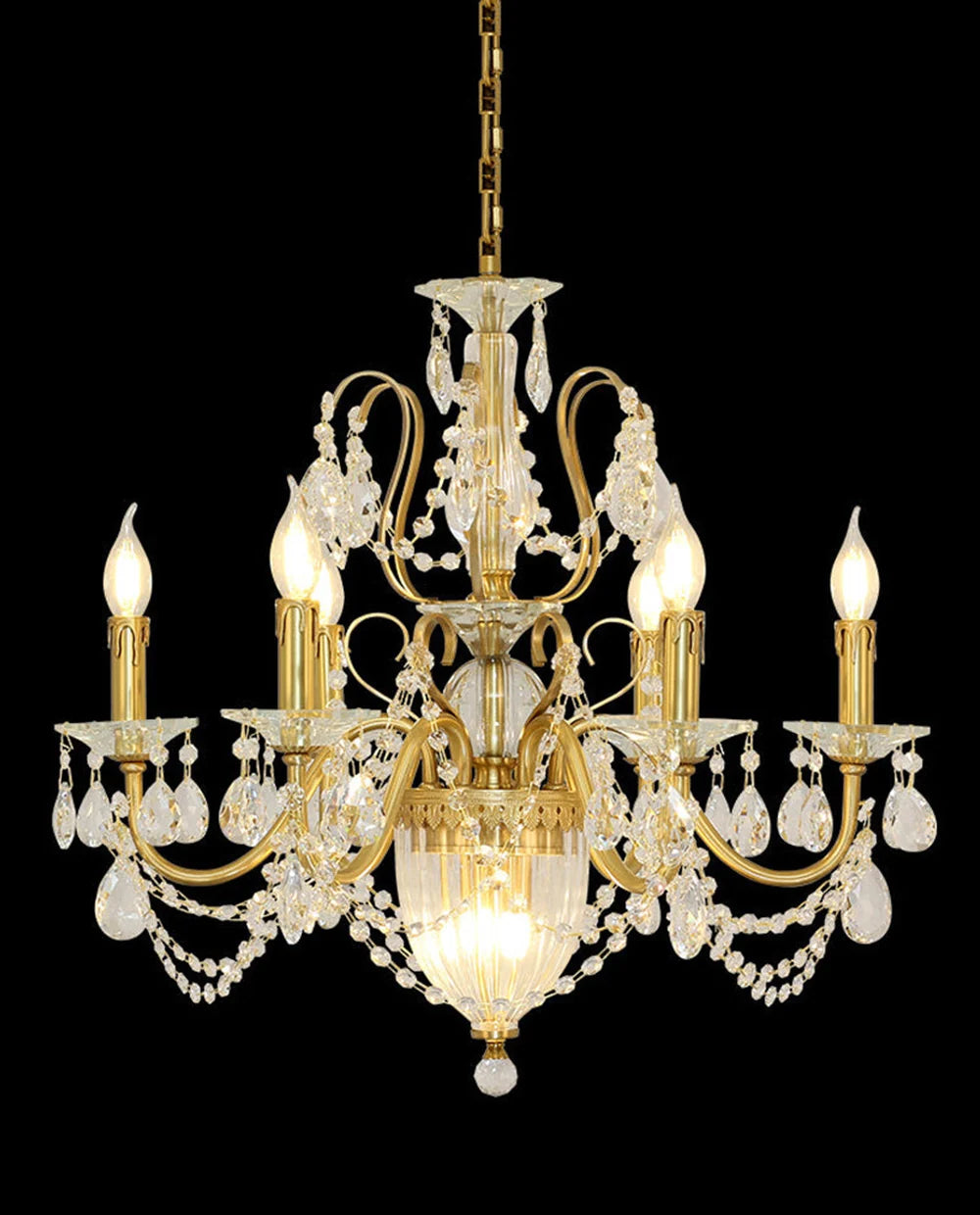 Six Brass Arms Classical Crystal Chandelier Small Gold Chandelier for Bedroom 26X26 Inch