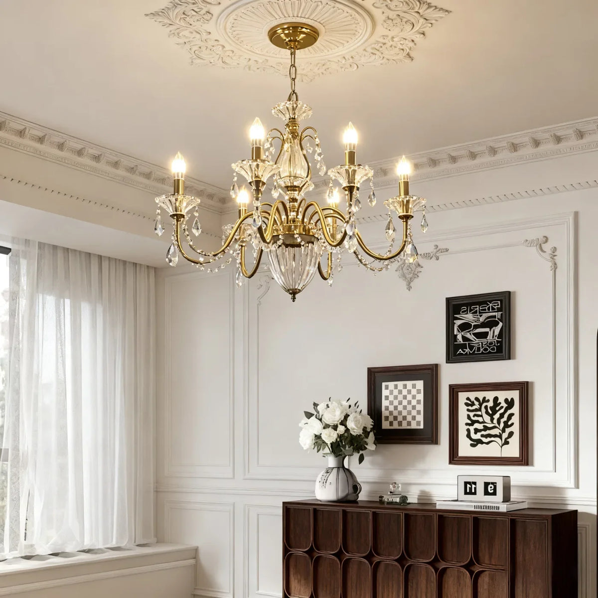 Six Brass Arms Classical Crystal Chandelier Small Gold Chandelier for Bedroom 26X26 Inch