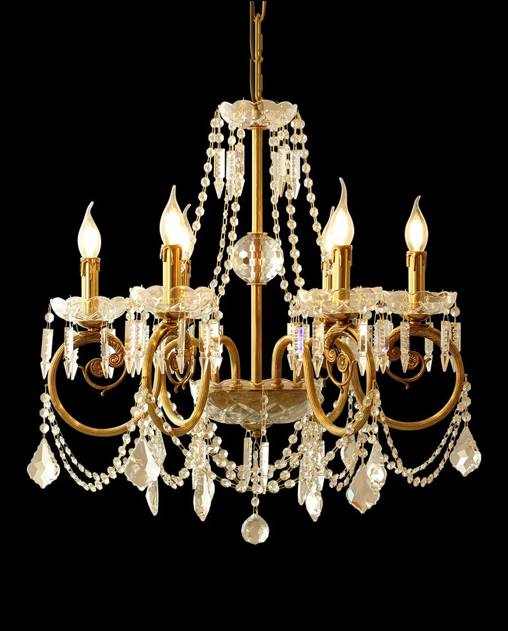 6 Lights Candle Style Small Brass and Crystal Chandelier for Bedroom
