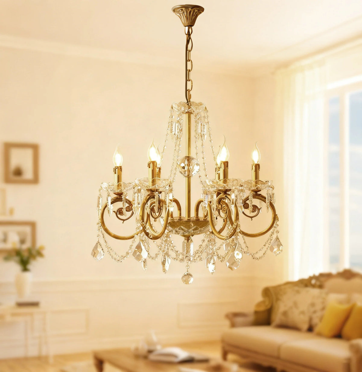 6 Lights Candle Style Small Brass and Crystal Chandelier for Bedroom