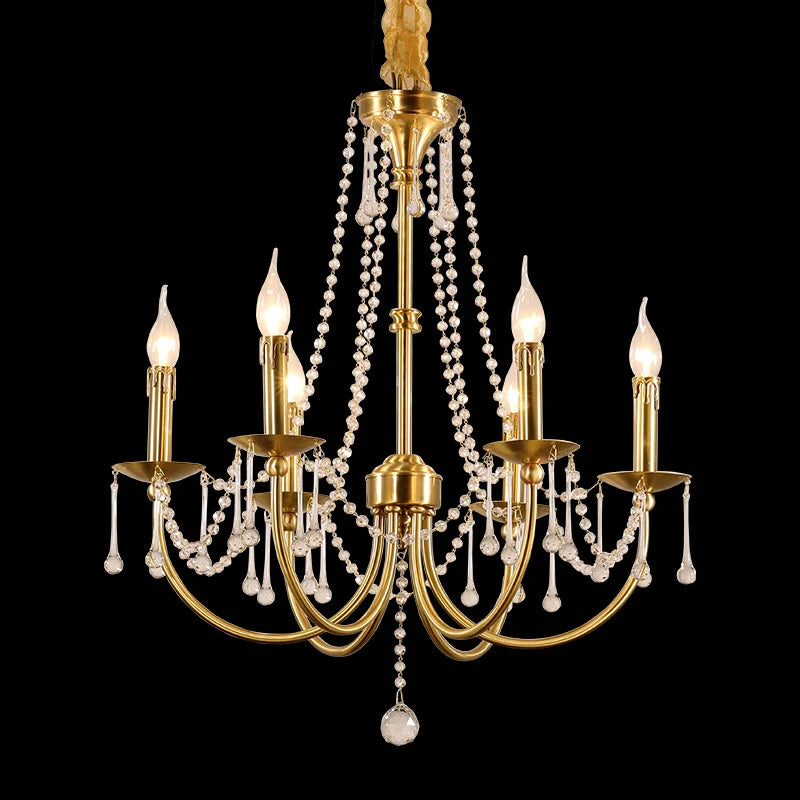 6 Lights Small Traditional Candle Style Brass and Crystal Chain Chandelier for Dining Room