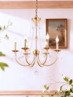 6 Lights Small Traditional Candle Style Brass and Crystal Chain Chandelier for Dining Room