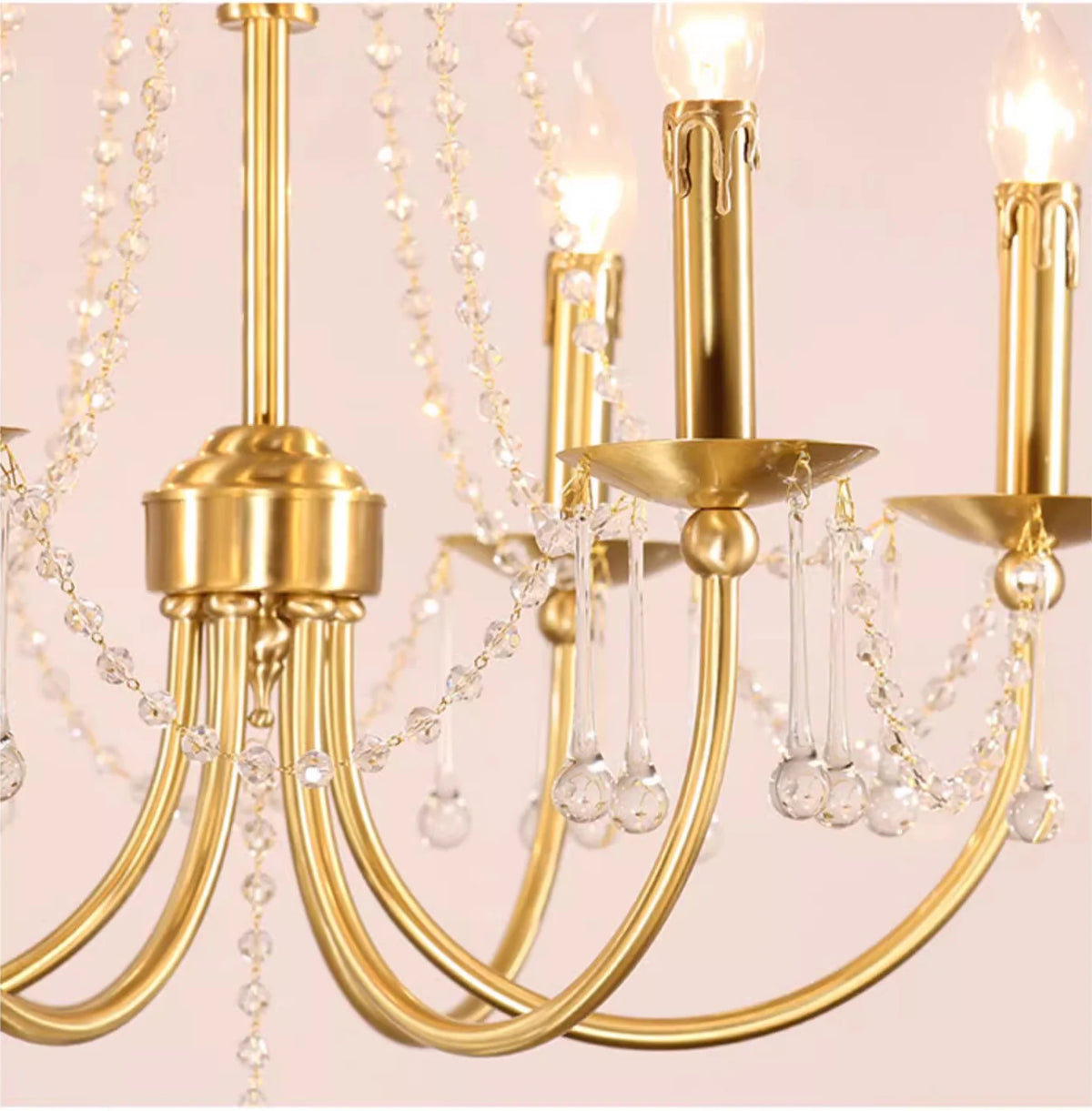 6 Lights Small Traditional Candle Style Brass and Crystal Chain Chandelier for Dining Room
