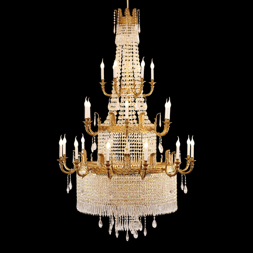 Grand 49'' W x 79'' H Three Tier French Empire Chandelier – Antique Brass & Crystal for Foyer Double Height Ceiling Living Room