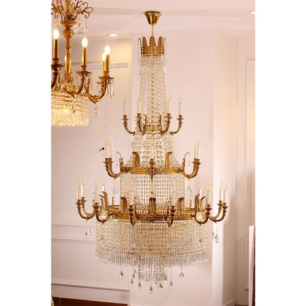 Grand 49'' W x 79'' H Three Tier French Empire Chandelier – Antique Brass & Crystal for Foyer Double Height Ceiling Living Room