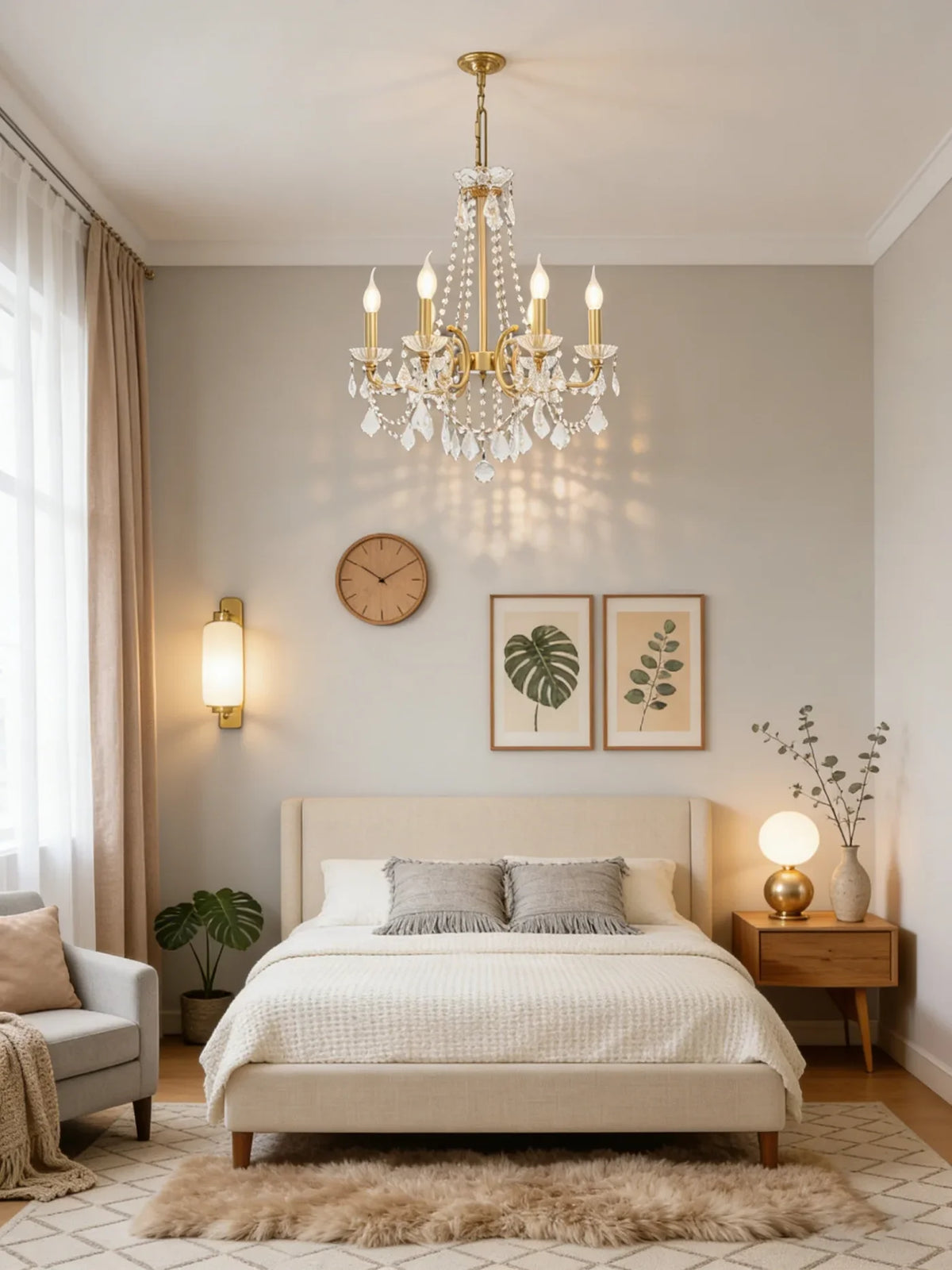 6 Lights Candle Style Brass Chandelier Gold Bedroom Crystal Chandelier