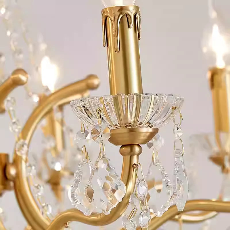 6 Lights Candle Style Brass Chandelier Gold Bedroom Crystal Chandelier