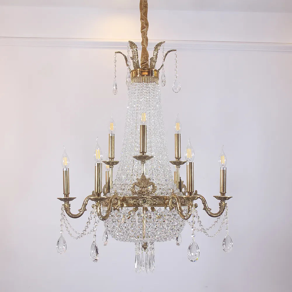 28X35 Inch 12 Lights French Empire Brass and Crystal Chandelier