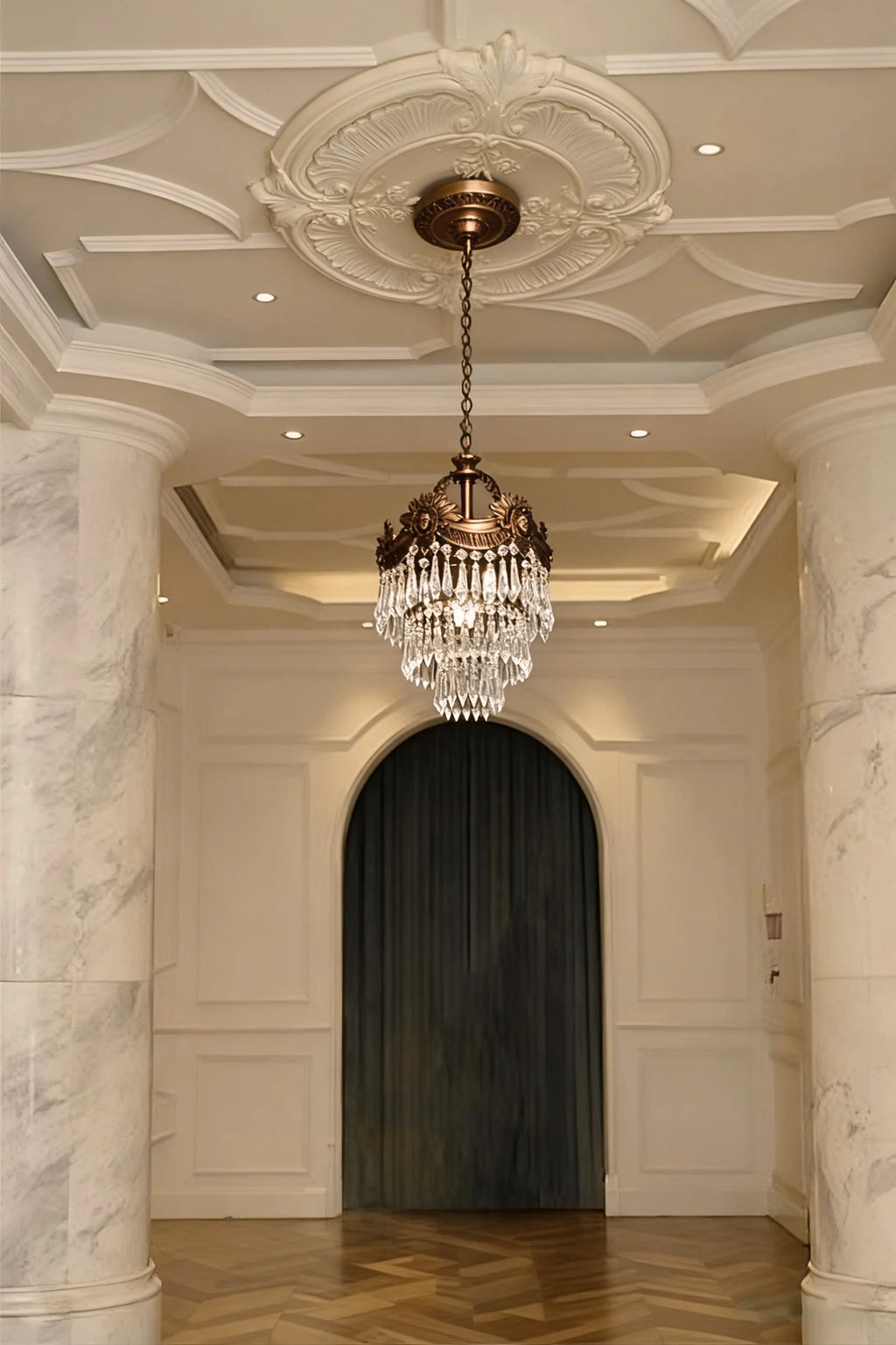 10 Inch Mini Chandelier Antique Brass and Crystal Lighting for Hallway