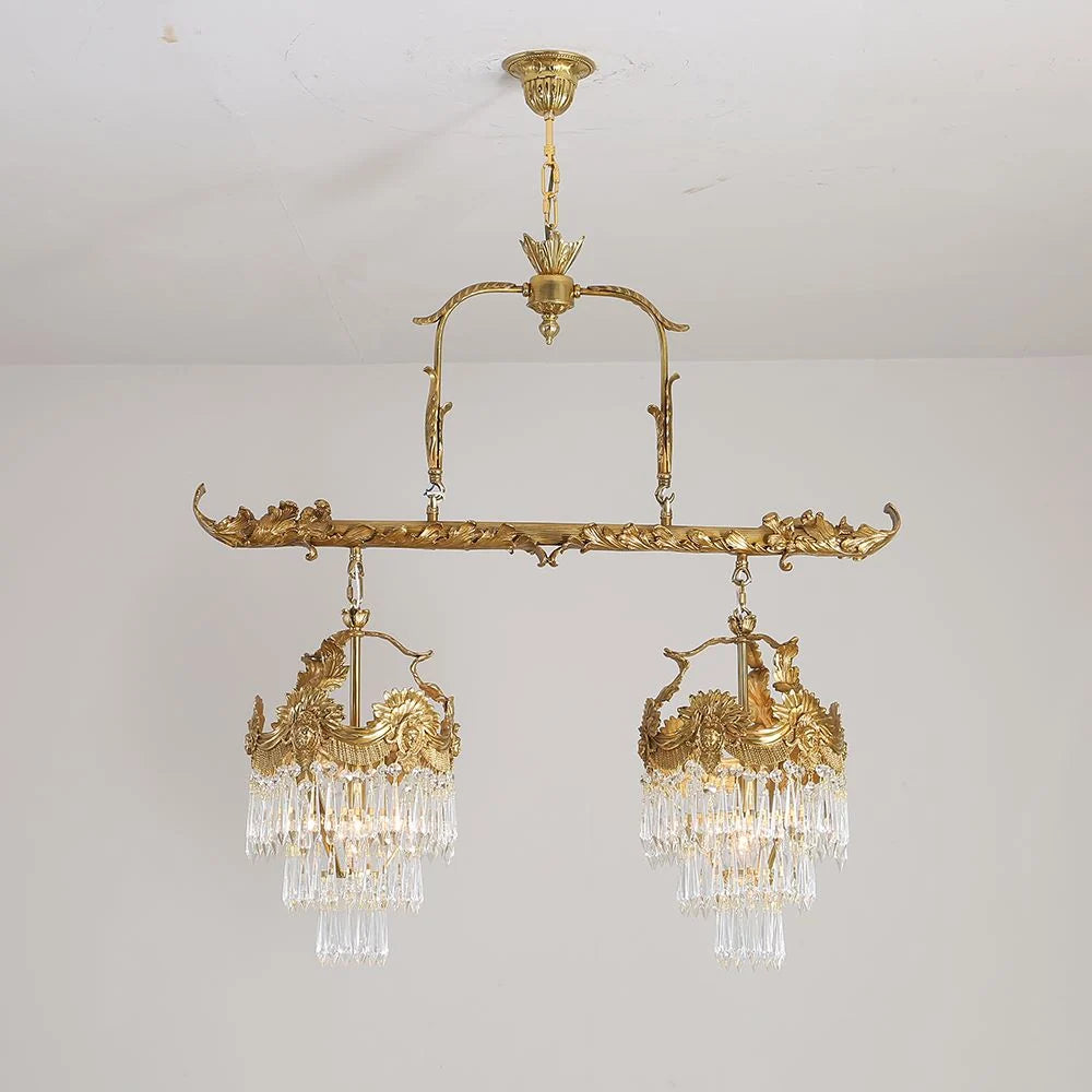 35 Inch Linear Chandelier Antique Copper and Crystal Kitchen Island Chandelier