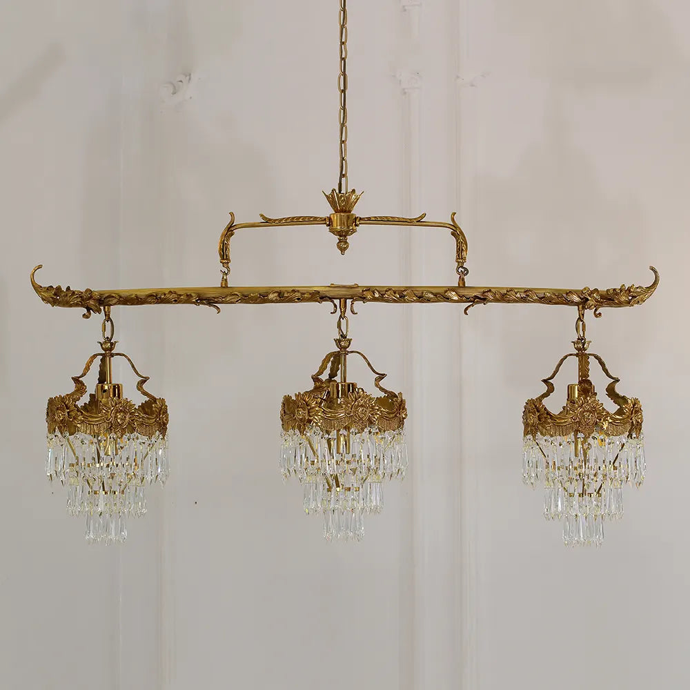 55 Inch Linear Chandelier Antique Copper and Crystal Kitchen Island Chandelier