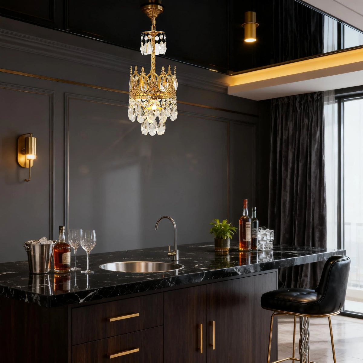 Set of 2 6-Inch Mini Crystal Pendant Lights for Kitchen Island, Empire Style Brass Crystal Chandelier