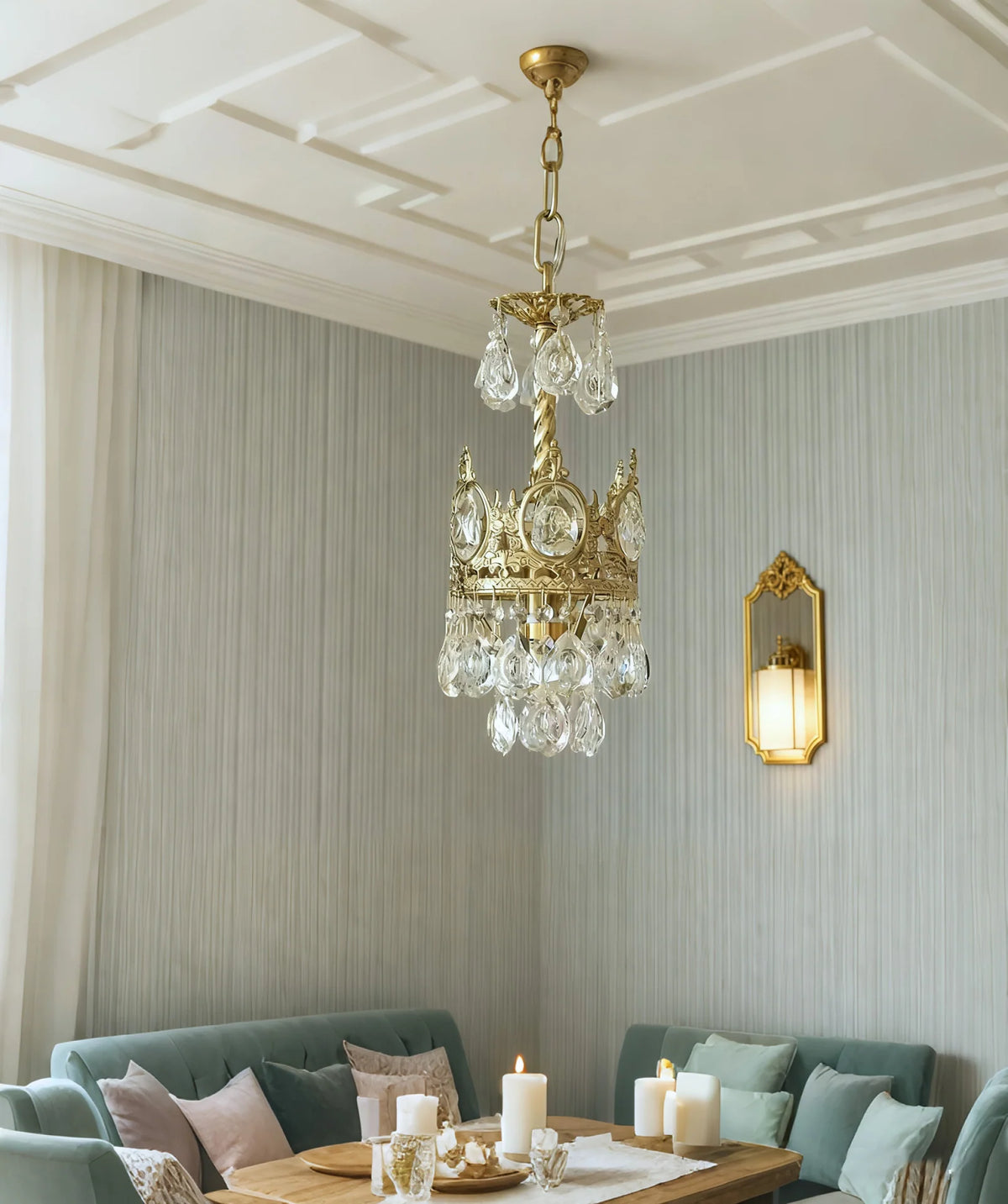 Set of 2 6-Inch Mini Crystal Pendant Lights for Kitchen Island, Empire Style Brass Crystal Chandelier
