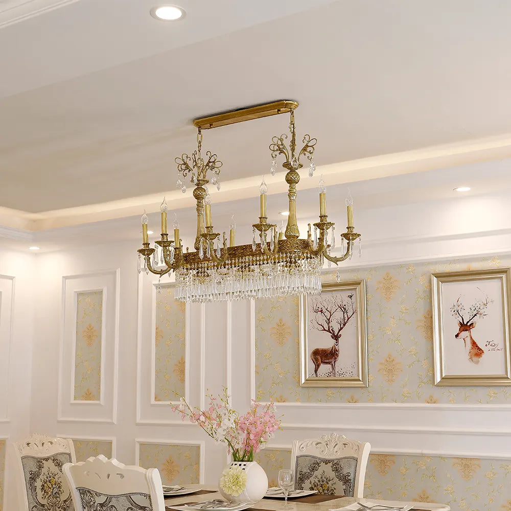 43 Inch Linear Chandelier French Empire Style Brass and Crystal Dining Chandelier