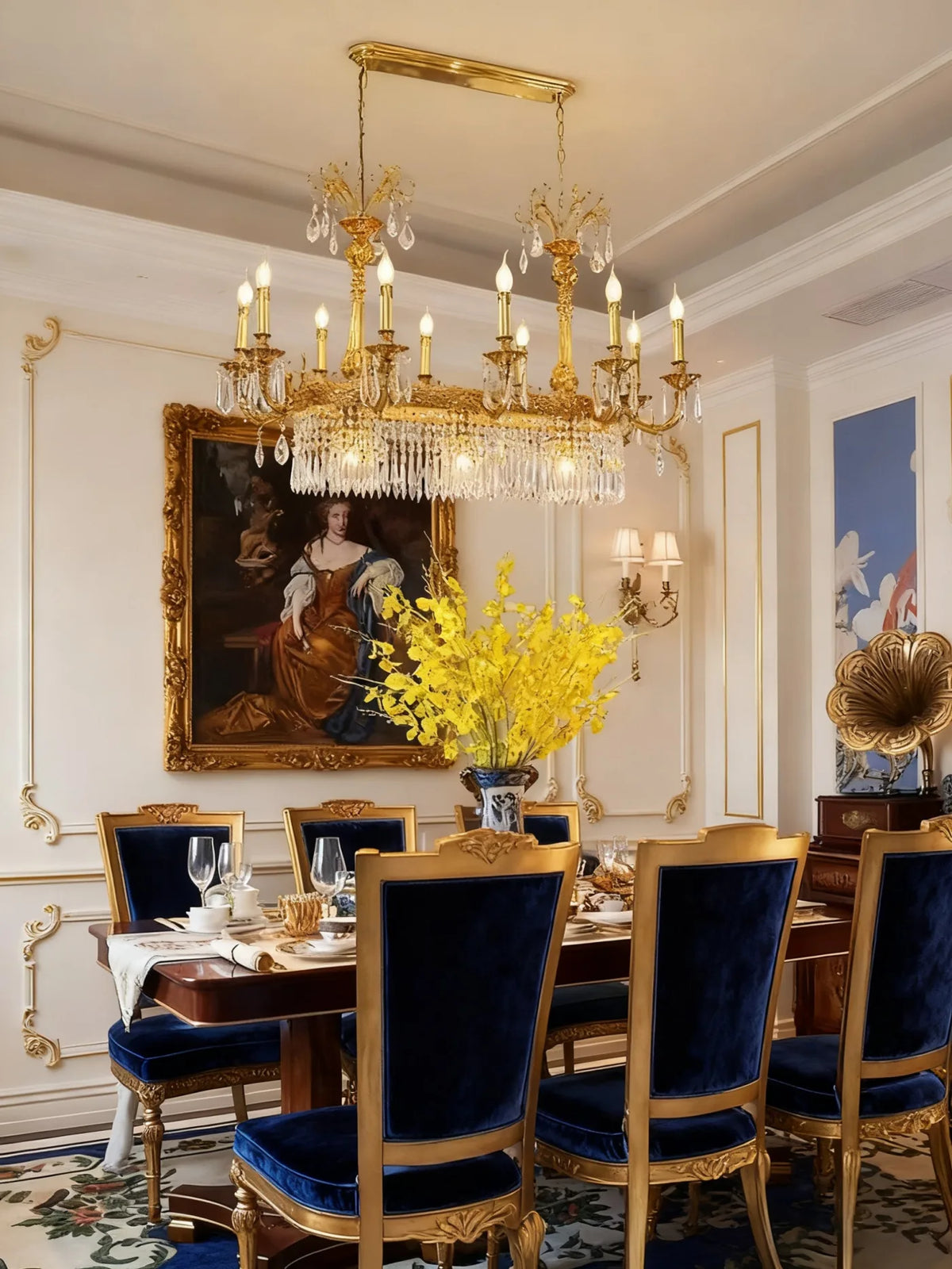 59 Inch Linear Chandelier French Empire Style Brass and Crystal Dining Chandelier