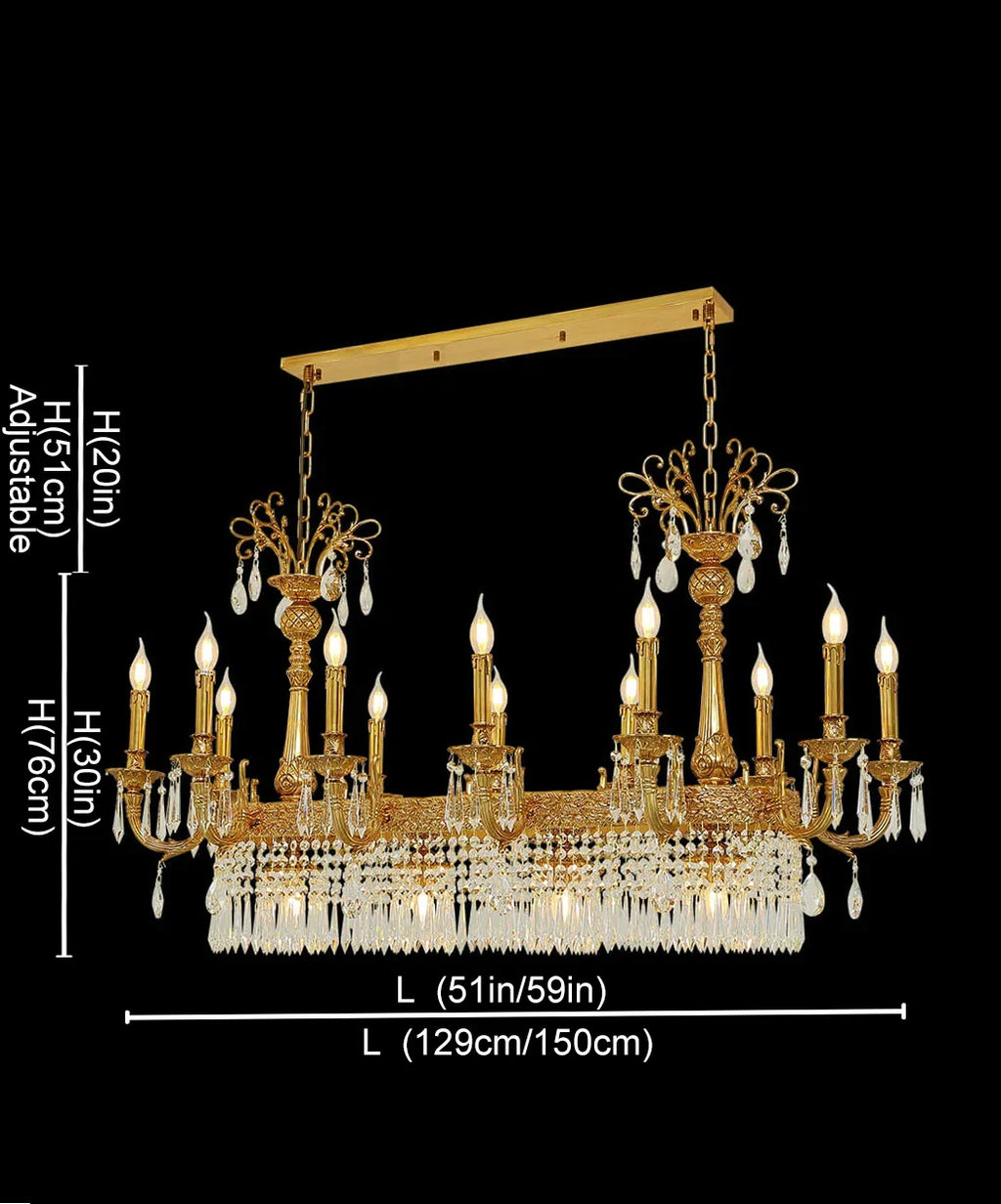 59 Inch Linear Chandelier French Empire Style Brass and Crystal Dining Chandelier