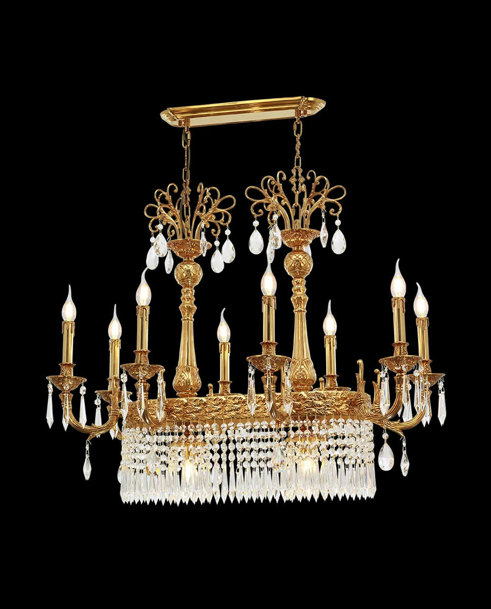 36 Inch Linear Chandelier French Empire Style Brass and Crystal Dining Chandelier