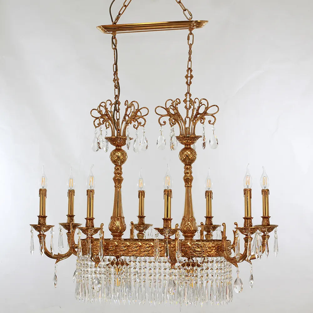 36 Inch Linear Chandelier French Empire Style Brass and Crystal Dining Chandelier