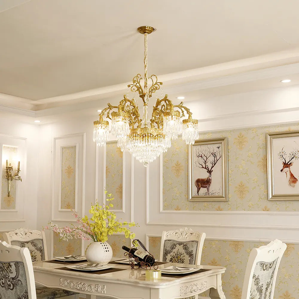 29.5 Inch Wide French Empire Style Brass Crystal Chandelier Gold Living Room Chandelier