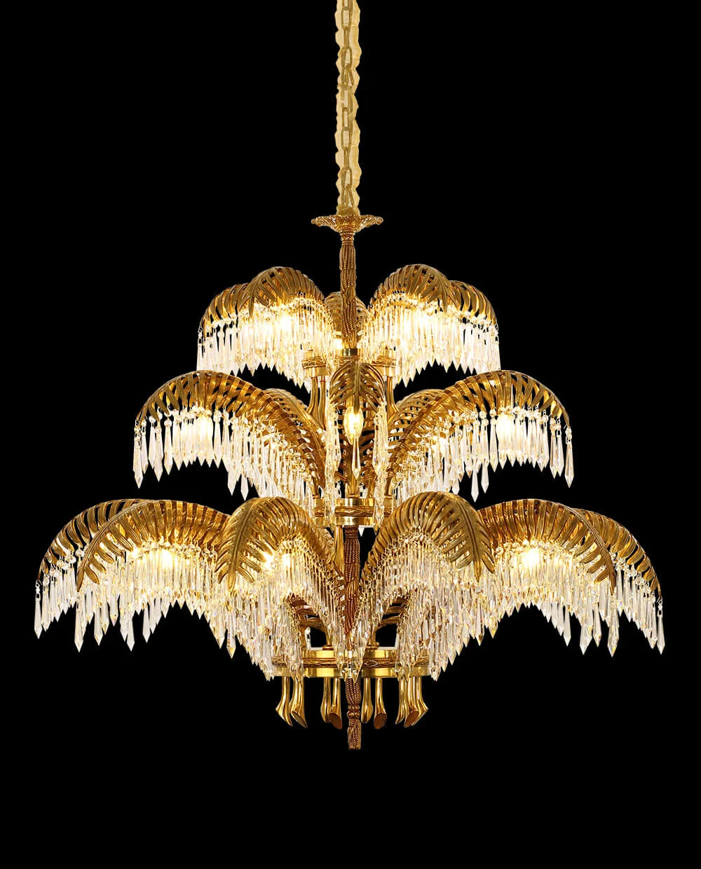 47X43 Inch 3-Layer Large Luxury Brass Chandelier Gold Palm Tree Crystal Chandelier for Entrance