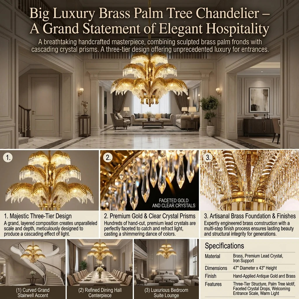 47X43 Inch 3-Layer Large Luxury Brass Chandelier Gold Palm Tree Crystal Chandelier for Entrance