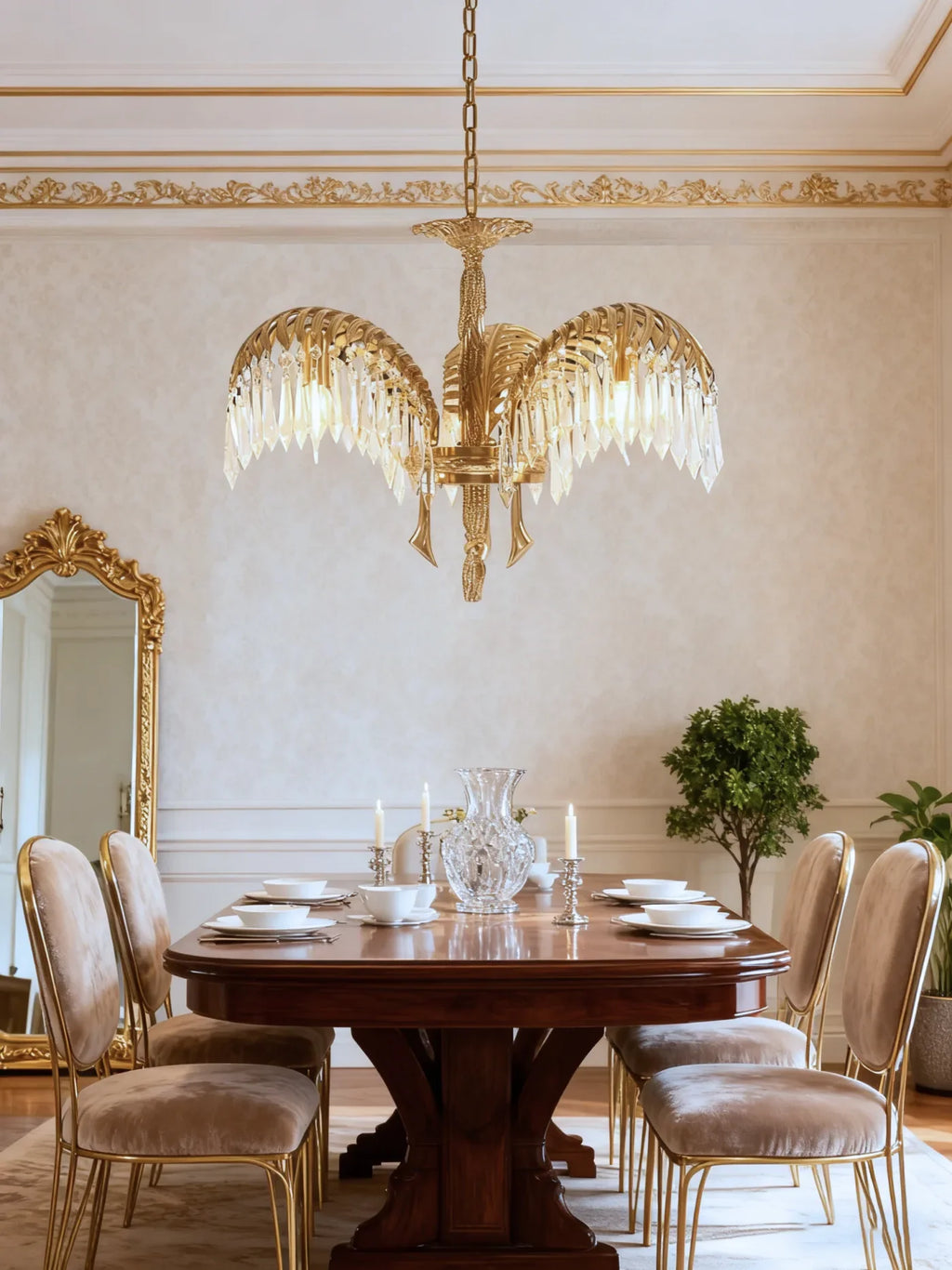 21 Inch Wide 1 Layer Palm Tree Brass and Crystal Chandelier