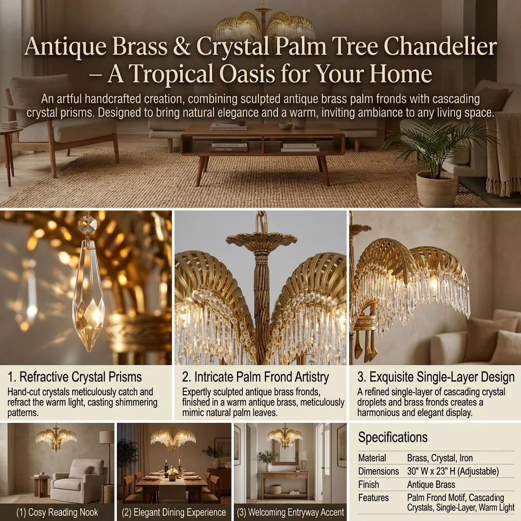 30 Inch Wide 1 Layer Palm Tree Brass and Crystal Chandelier