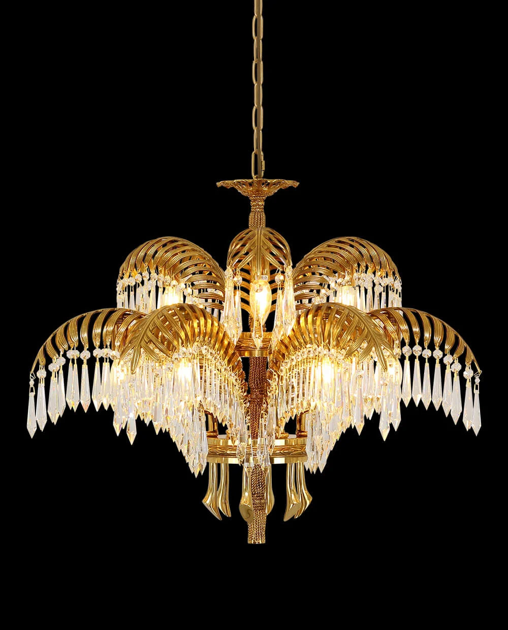 30 Inch Wide 1 Layer Palm Tree Brass and Crystal Chandelier