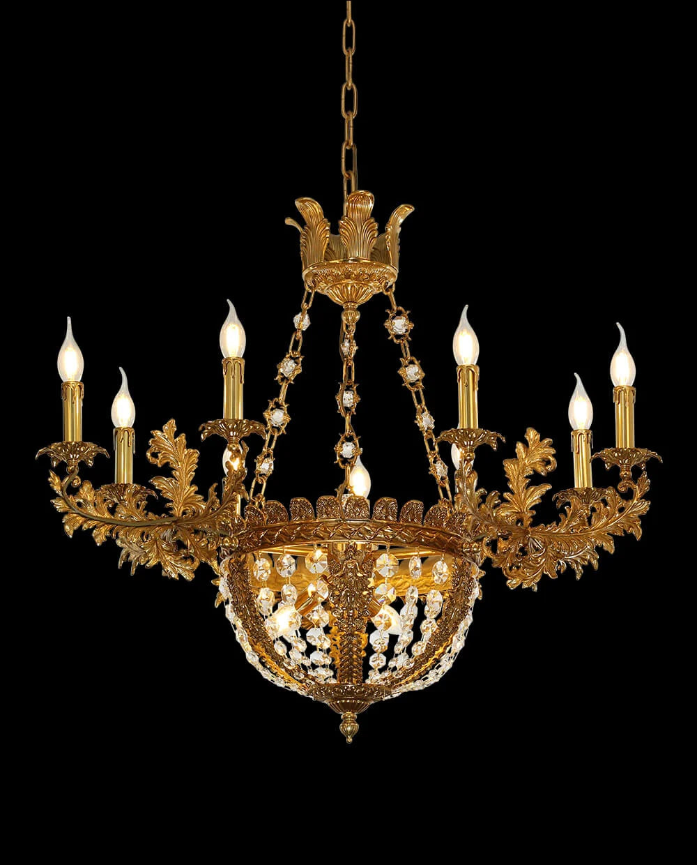 31X29 Inch 12 Lights French Empire Style Brass and Crystal Chandelier Light