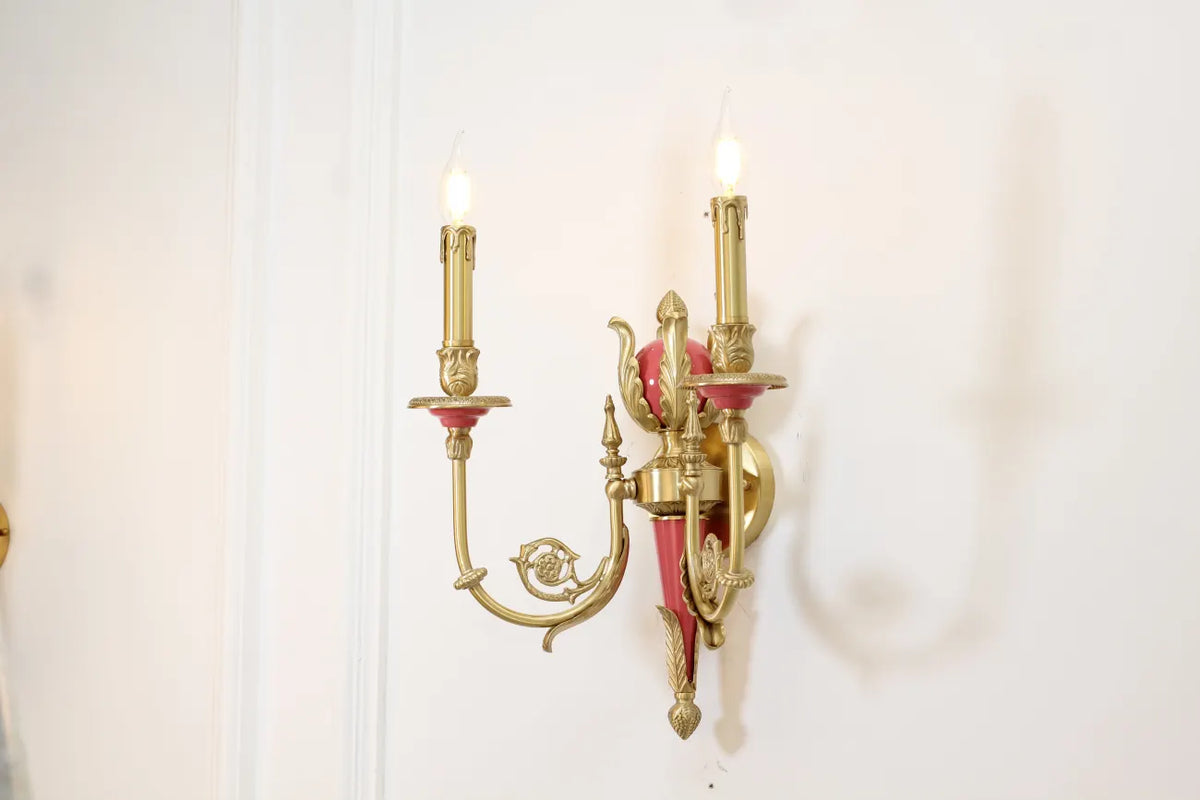 2 Lights Rococo Style Brass Wall Lamp Blue/ Pink Color