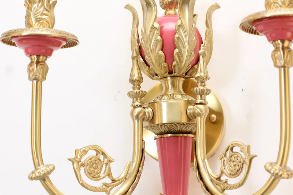 2 Lights Rococo Style Brass Wall Lamp Blue/ Pink Color