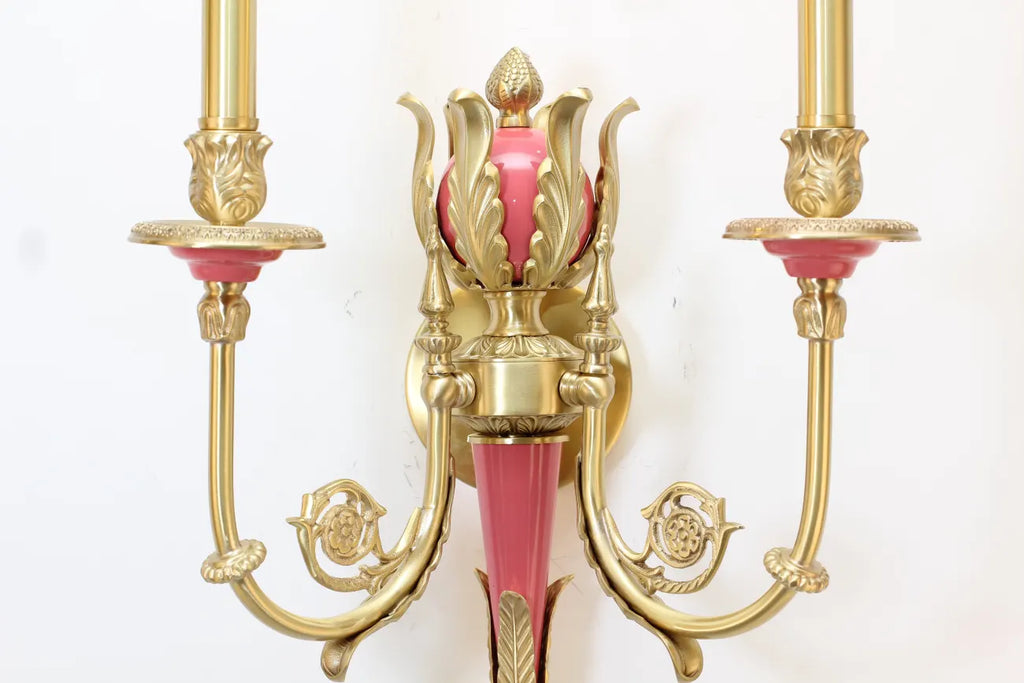 2 Lights Rococo Style Brass Wall Lamp Blue/ Pink Color