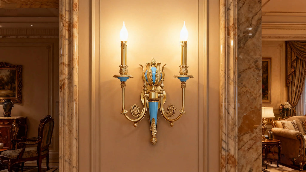 2 Lights Rococo Style Brass Wall Lamp Blue/ Pink Color