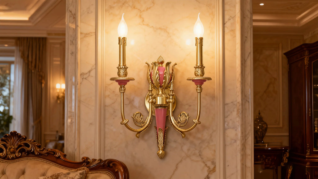 2 Lights Rococo Style Brass Wall Lamp Blue/ Pink Color